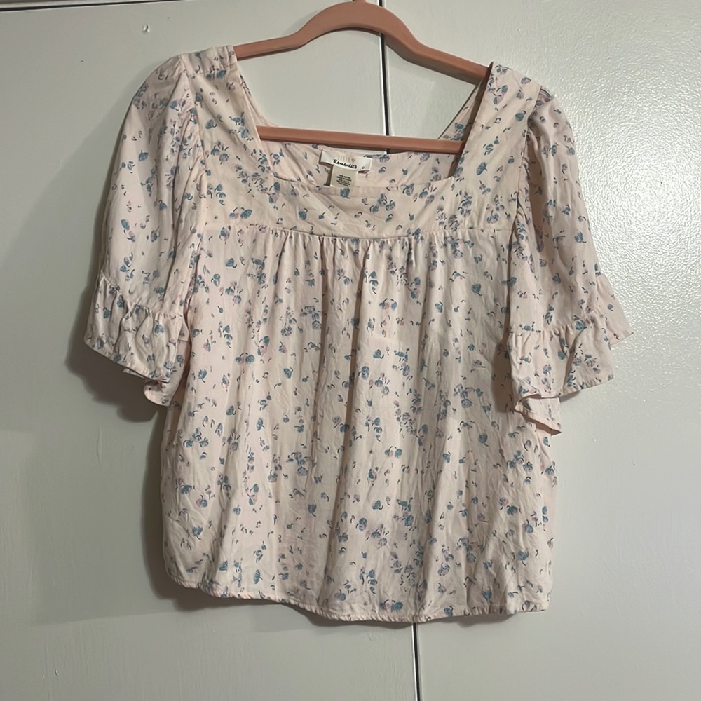 Large Romantic Light Pastel Flowy Fresh Top with Blue Flowers